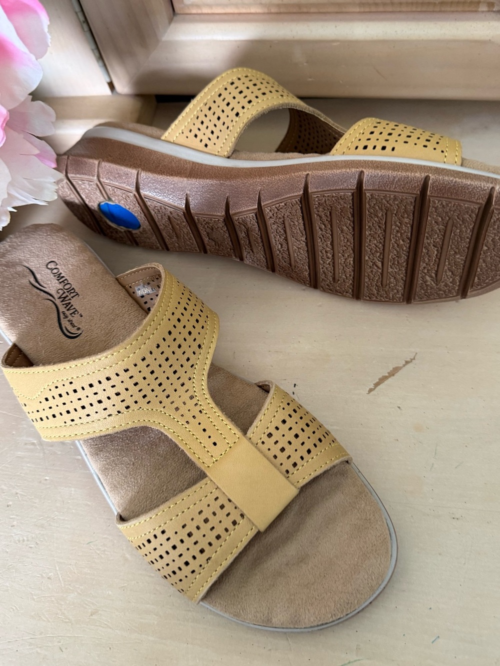 Women's Yellow Perforated Slide Sandals (new)